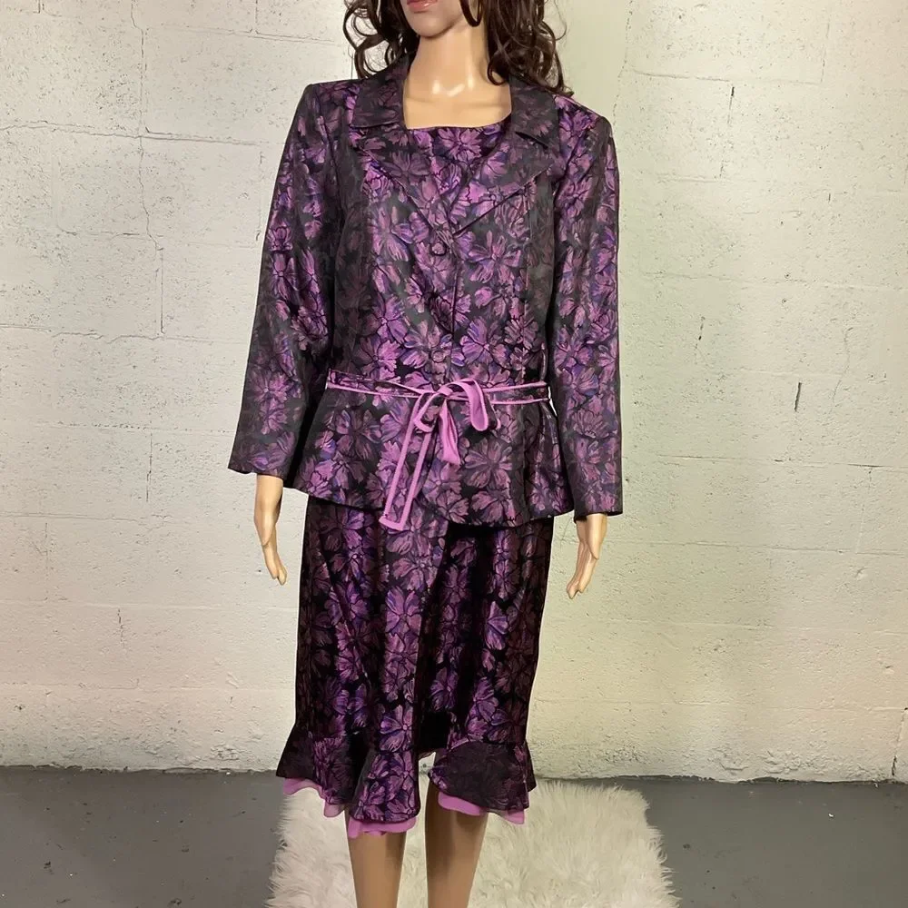 NEW Nipon Boutique Onyx Purple Metallic Floral Dress Jacket Matching Set 16